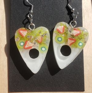 Strawberry and Kiwi Planchette Earrings. Stainless steel hook/ Resin Jewelry